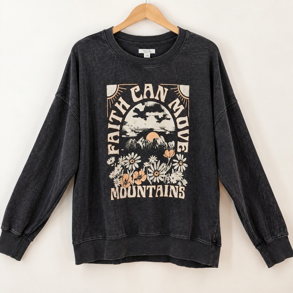 Maurices Boho Faith Can Move Mountains Sweatshirt Womens Large Acid Wash Graphic